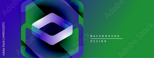 Abstract geometric design. Hexagonal layers create illusion, vibrant colors blend. Green background complements purple elements. Modern aesthetic.