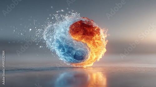 Yin yang symbol with dynamic red fire and flowing blue water elements in motion, set against a clean, blurred background. A striking visual of balance, duality, and harmony in dark modern tones.

