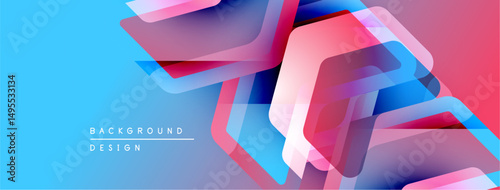 Abstract geometric shapes overlap vibrant blue, pink hues. Modern design creates dynamic visual effect. Background features layered elements.