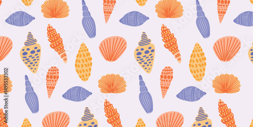 Seamless pattern with colorful seashells in orange yellow and violet on light background. Hand drawn marine shell elements in flat doodle cartoon style. Vector repeat design for wrapping surface.