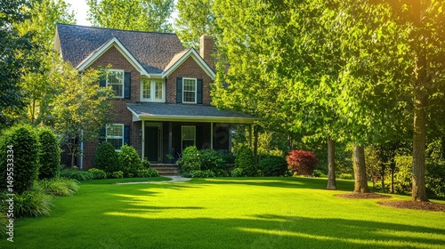 welcoming suburban home in Leesburg, Virginia, with a manicured green lawn, shaded by tall trees, on a sunny, bright summer day.