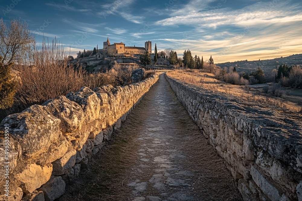 Fototapeta premium Ancient-stone-castle-on-rocky-island-surrounded-by-blue-sea-with-scenic-path-leading-to-historic-fortress