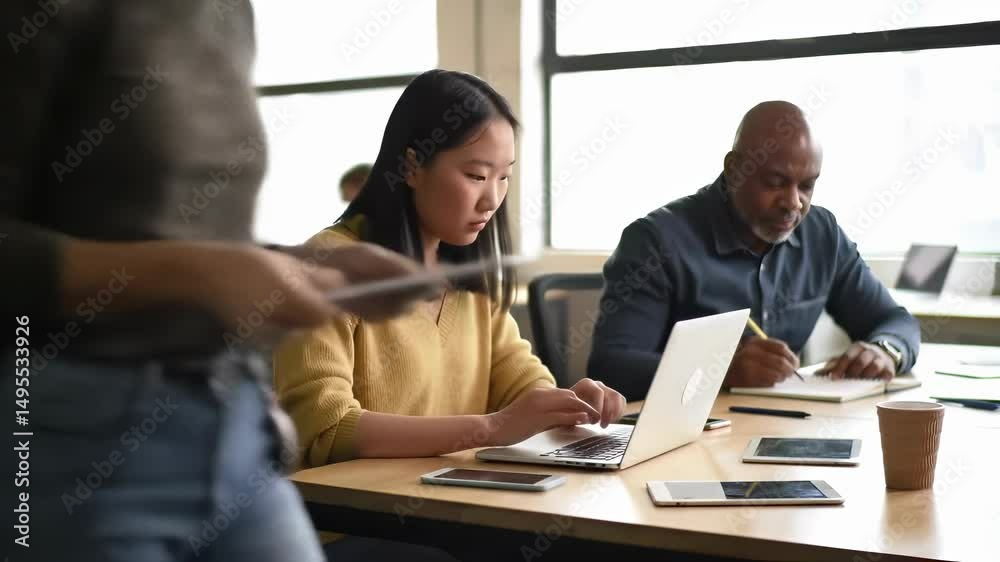 Asian Female and African Male Adults Working on Laptops in Modern Office Setting Asian Female and African Male Adults Working on Laptops in Modern Office Setting