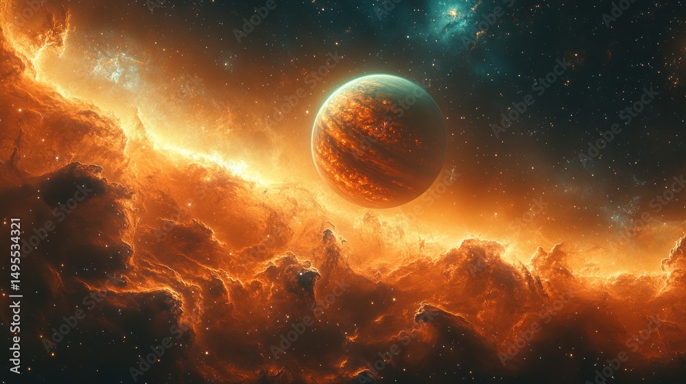 Obraz premium Fiery nebula with vibrant planet