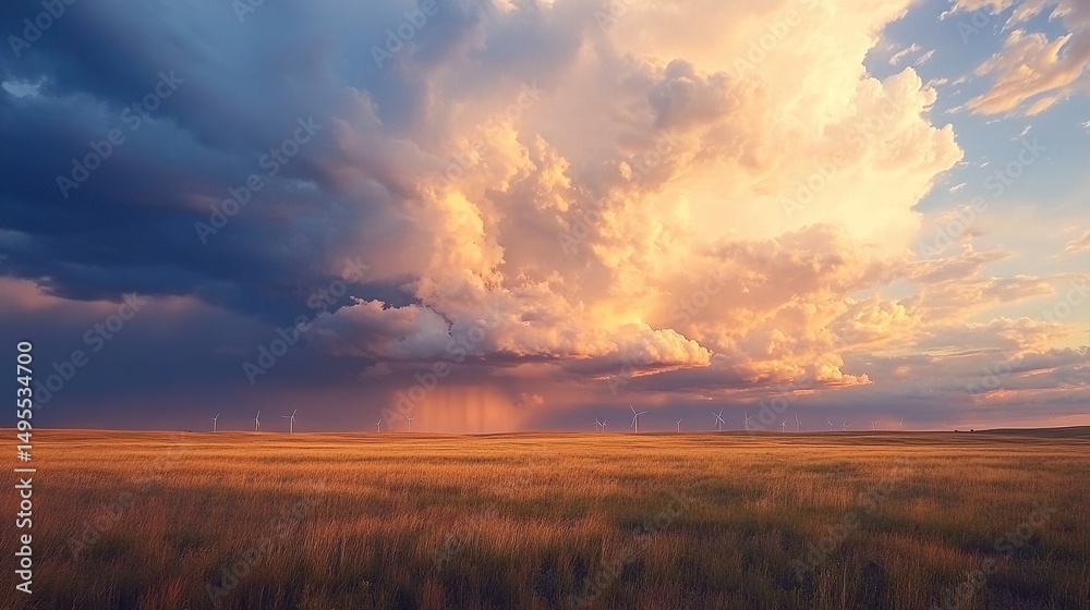 Fototapeta premium Tall wind turbines stand in a golden field at sunset, with rotating blades generating clean renewable energy under a dramatic cloudy sky. Panoramic view of sustainable electricity production