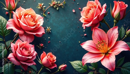 Intricate blooming roses & lilies, woven threads, elegant, summer