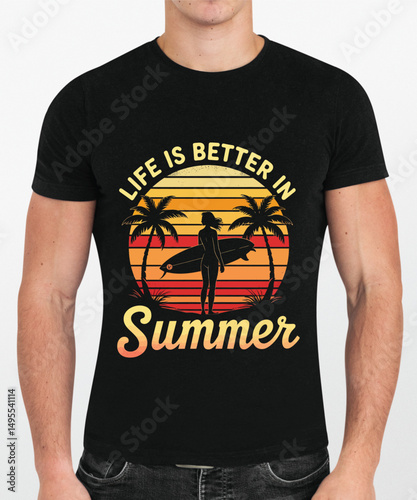 Summer Surfing T Shirt Design on Male Model