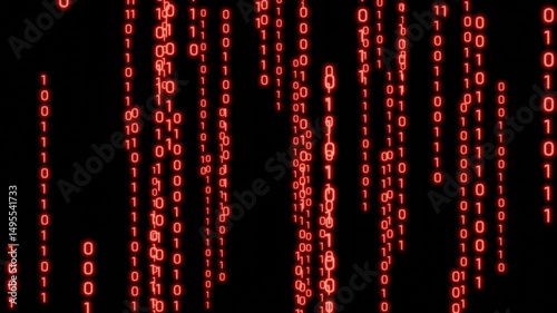 Drop flow red glowing Binary digits number text code 1, 0 in moving system math cryptography on dark black cyberspace display screen.