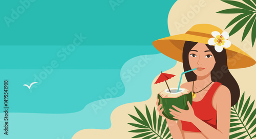 Young woman enjoying coconut drink on tropical beach in summer, for travel agencies, beach holiday advertising, travel blogs, banners, tropical drinks, culinary blogs 
