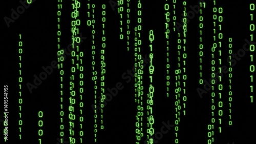 Drop flow green glowing Binary digits number text code 1, 0 in moving system math cryptography on dark black cyberspace display screen.