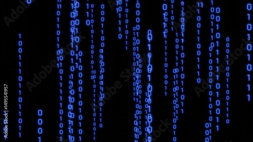 Drop flow blue glowing Binary digits number text code 1, 0 in moving system math cryptography on dark black cyberspace display screen.