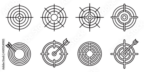 Target Icons Line Art, Black Target Icons with Arrows for Accuracy and Success, Target destination icon