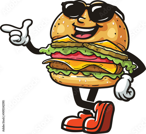 Cartoon burger character wearing sunglasses