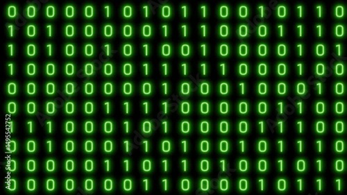 Blue red yellow green display screen Binary digits number text code 1, 0 in moving system math cryptography on dark black cyberspace.