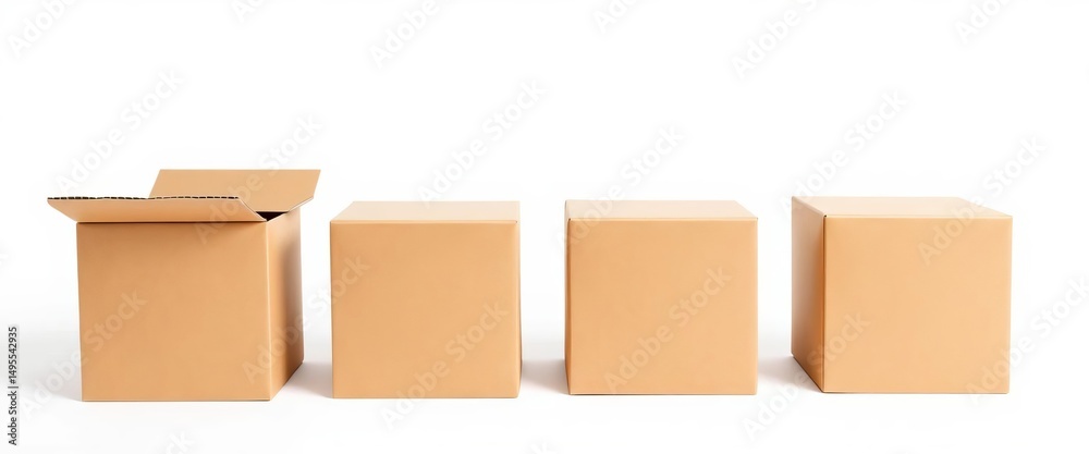 Four brown cardboard boxes on white background, ideal for packaging design mockup, kraft, eco-friendly Four brown cardboard boxes on white background, ideal for packaging design mockup, kraft, eco-friendly
