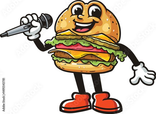 Cartoon burger character holding microphone while singing