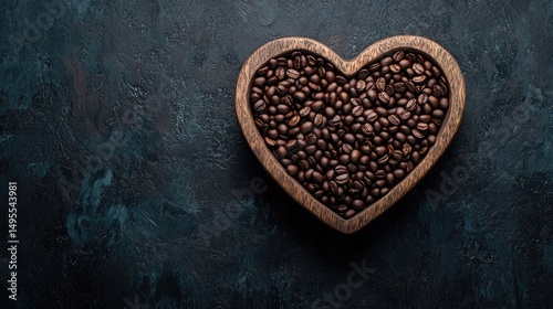Heart-shaped bowl with roasted coffee beans on dark backdrop - Coffee love idea. Above view with room for text.
