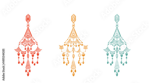 Elegant Decorative Chandeliers in Red, Orange and Teal Colors with Intricate Designs