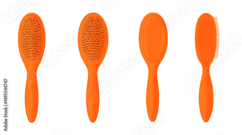 Four Bright Orange Hair Brushes for Personal Care and Grooming in a Simple Arrangement