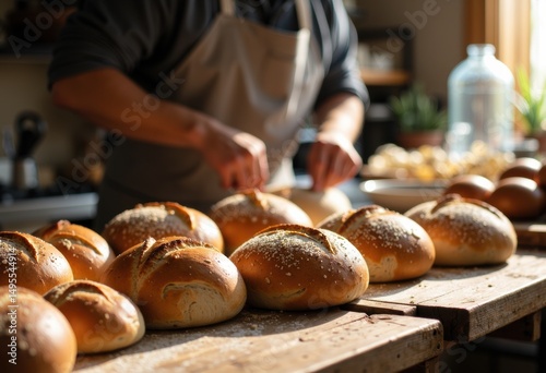 Freshly baked bread rolls cooling on a wooden table in a cozy bakery setting photo