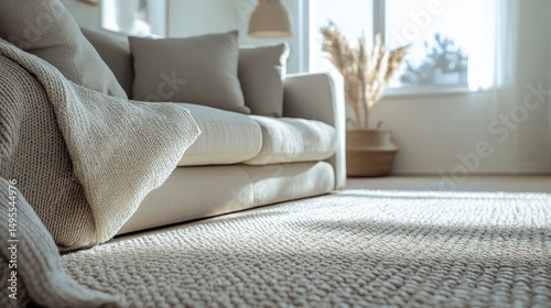 Interior photos of a living room showing a fabric sofa and carpet in the foreground.