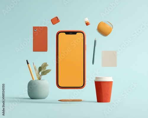 Desk Mockup: Smartphone and Stationery Floating on Blue