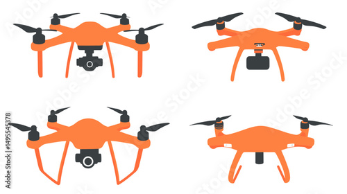 Four Views of an Orange Drone with Camera for Aerial Photography and Exploration