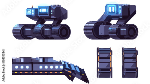Futuristic Robotic Vehicle and Modular Components Illustrating Advanced Technology Design