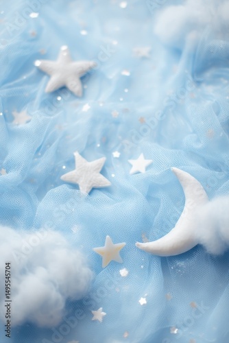 Dreamy Night Sky: Moon, Stars, and Clouds on Light Blue Tulle