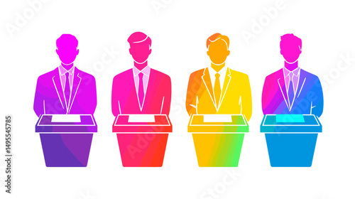 Group of Diverse Business Professionals Engaged in Colorful Debate at Podiums