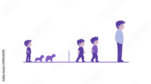 Illustration of a Boy Growing Up with His Dog Through Different Stages of Life in Purple Tones