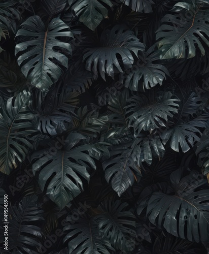 Overlapping dark tropical leaves, textured, elegant, mysterious , dense, deep, tropical plant