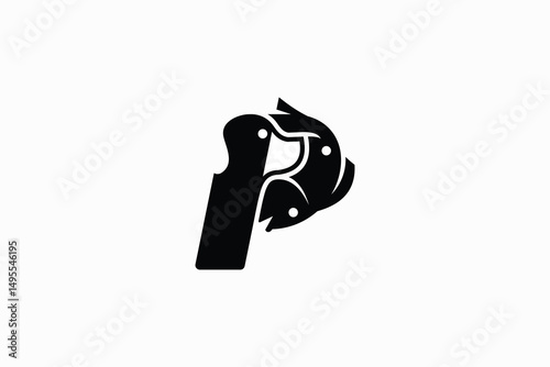 P letter logo design with two dog head icon symbol and fish icon symbol