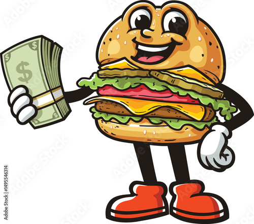Cartoon burger character holding cash