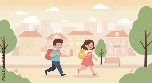 Children happily go to school with backpacks and briefcases on a sunny day, for advertising before the start of the school year, educational platforms, advertising of school supplies