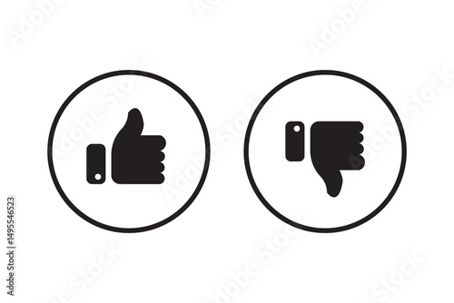 Black thumbs up and thumbs down icon flat design. Vector illustration. Like and dislike flat icon set. Like and dislike social network pictograms isolated on white background,  EPS10