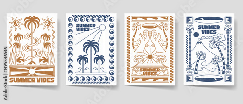 Vintage summer illustration poster set. Paradise beach bohemian style for print, wall art. Boho illustration vector collection. Retro summer cover bundle. 