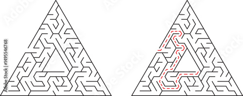 Triangular maze with solution path illustrating problem solving and strategic thinking