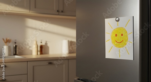 Child Sketch on Fridge with Tape, Soft Daylight, Cozy Mood