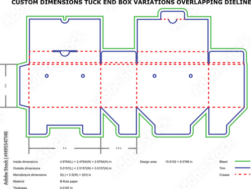 Custom tuck end box packaging dieline with overlapping design for product manufacturing