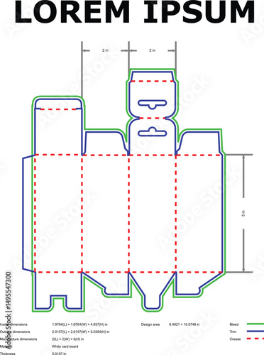 Packaging design template for a product display box with crease lines and dimensions