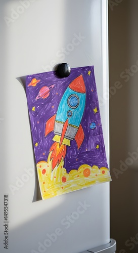 Close-Up of Child Drawing on Fridge with Magnet, Natural Light
