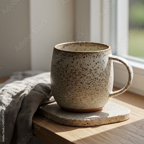 Morning Calm: Speckled Mug and Linen Napkin by the Window