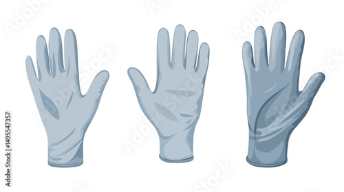 Set of Blue Protective Gloves in Different Poses on a White Background for Safety and Hygiene Use