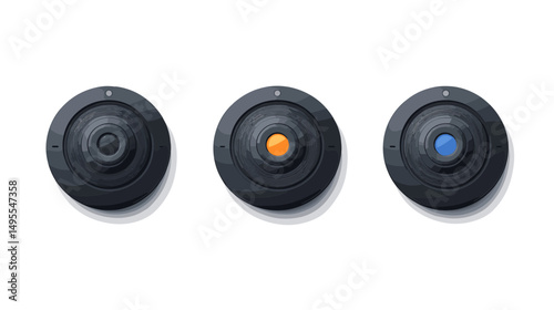Set of Circular Control Knobs in Black Featuring Colorful Dots for Digital Interface Design