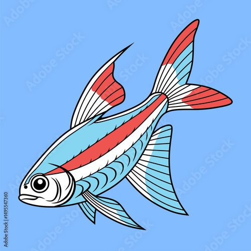 Illustration neon Tetra Fish, a hand drawn doodle of a neon tetra fish, isolated on blue background.