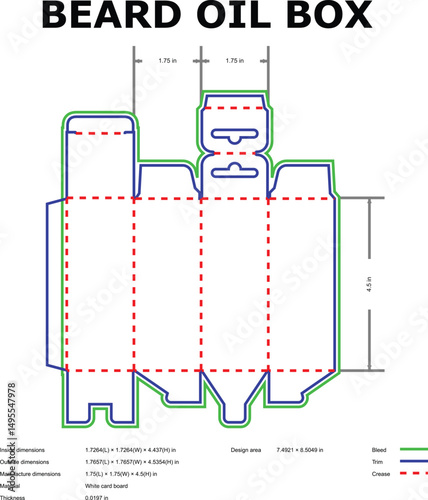 Detailed vector template blueprint for a beard oil box with precise dimensions and design instructions