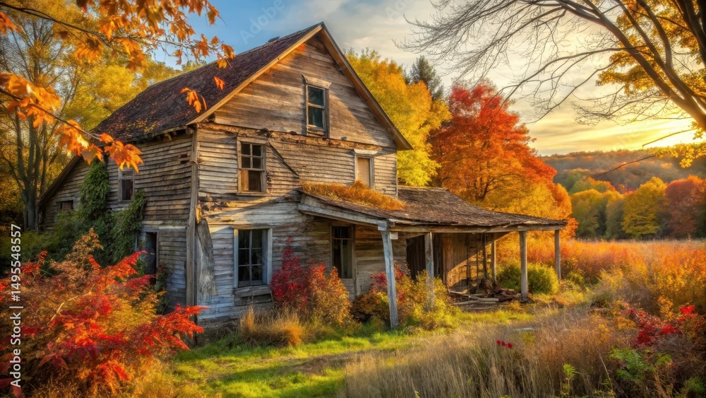 A weathered farmhouse stands silently amidst a vibrant autumn landscape, bathed in the golden light of the setting sun, its dilapidated porch and overgrown yard hinting at stories untold. A weathered farmhouse stands silently amidst a vibrant autumn landscape, bathed in the golden light of the setting sun, its dilapidated porch and overgrown yard hinting at stories untold.