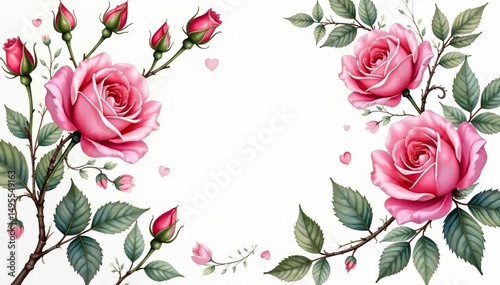 Intricate watercolor rose buds, leaves & vines, art, romantic