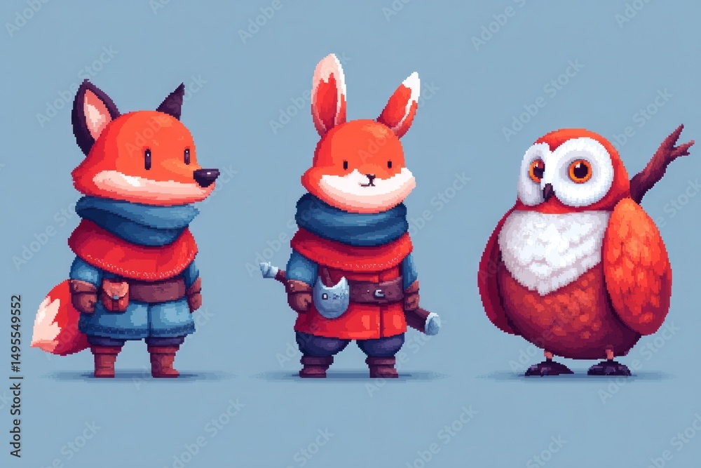 Obraz premium Fox, Rabbit, and Owl Pixel Art Characters